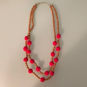 Great condition wood and pink pompom dual strand necklace with goldtone clasp